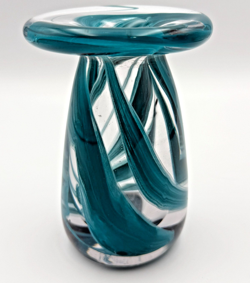 Vintage Hand Blown Studio Art Glass Swirl Bud Vase Teal Blue Heavy Flared Rim
